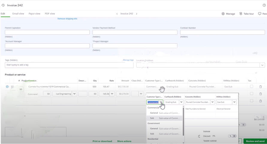 Creating an invoice with dimensions