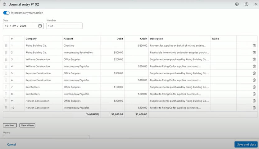 Eliminating credits and debits for a consolidated journal entry